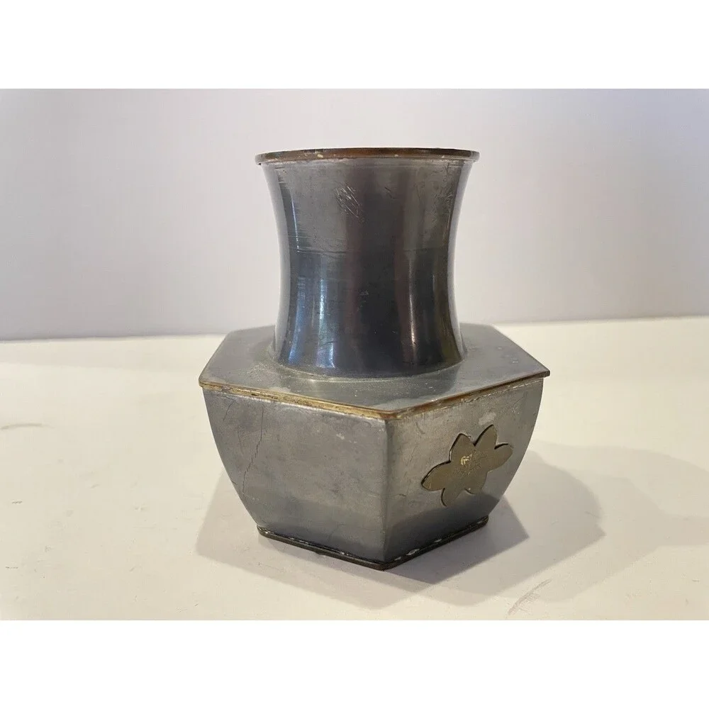 Vtg Colonial  Style Pewter Vase W  Brass Flowers & Trim / Hexagon Base  4 1/4